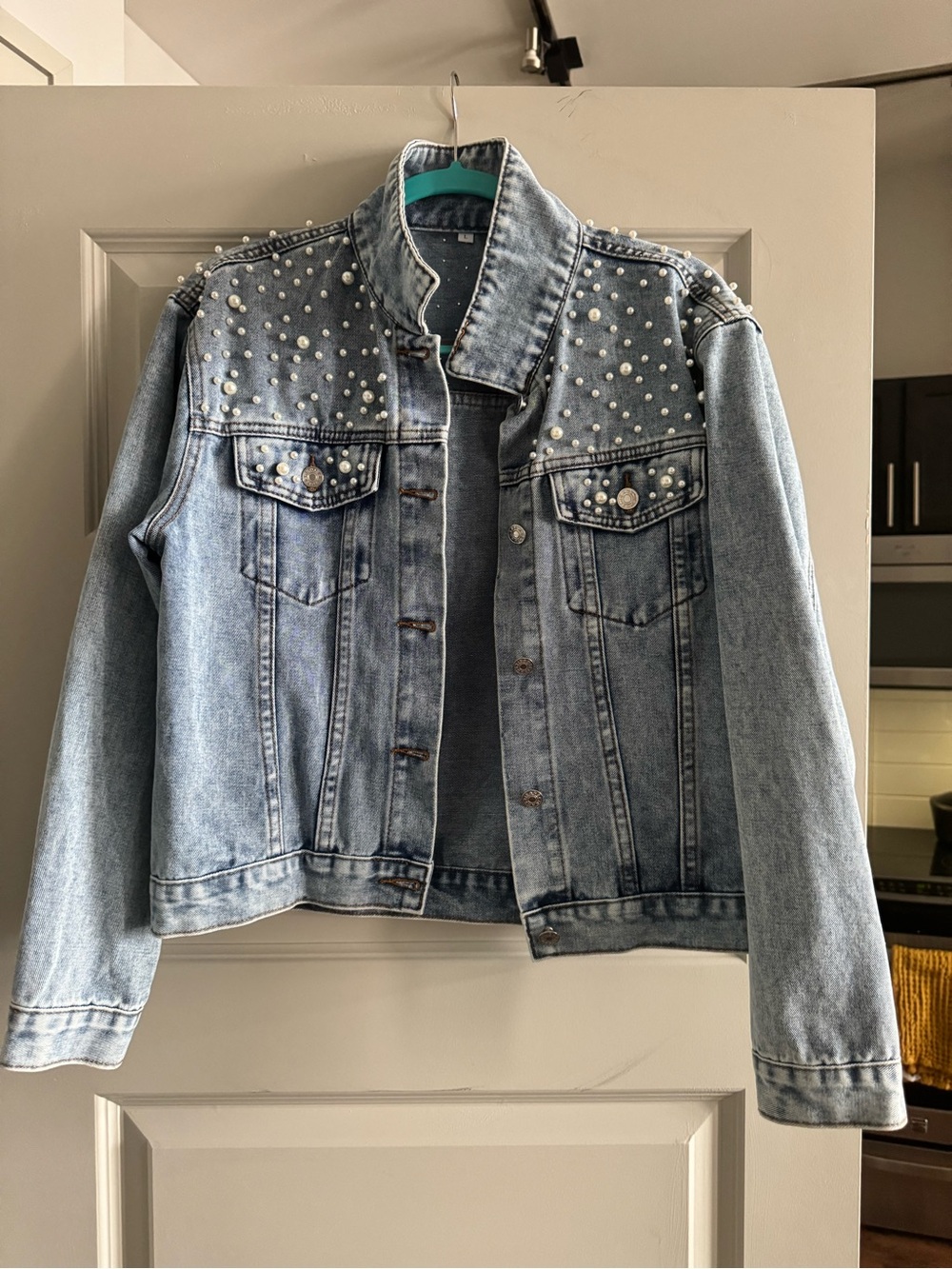 Pearl-Embellished Light Wash Denim Jacket